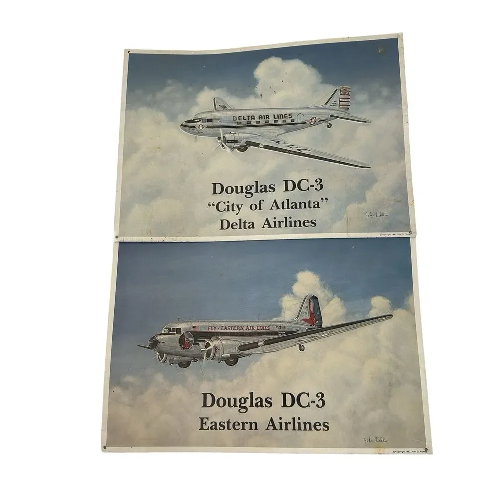 2 Vintage Douglas DC-3 Delta Eastern Airlines Metal Sign Set John Ficklen 1990